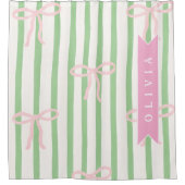 Personalized Girly Coquette Green Stripe Bow シャワーカーテン (正面)