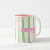 Personalized Girly Coquette Green Stripe Bow ツートーンマグカップ (正面右)