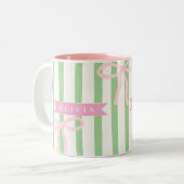 Personalized Girly Coquette Green Stripe Bow ツートーンマグカップ (正面左)