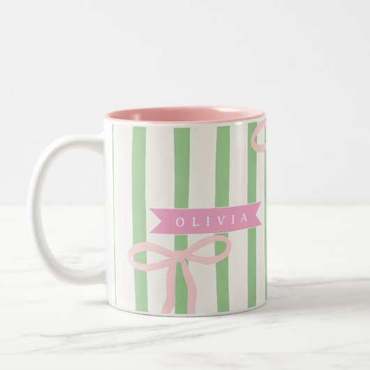 Personalized Girly Coquette Green Stripe Bow ツートーンマグカップ (左)