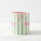 Personalized Girly Coquette Green Stripe Bow ツートーンマグカップ (中央)