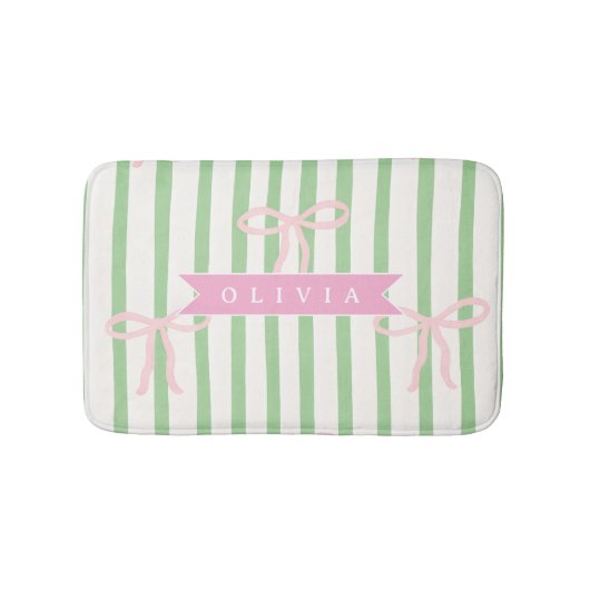 Personalized Girly Coquette Green Stripe Bow バスマット (正面)