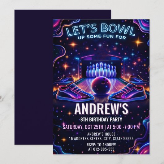 Personalized Glow bowling birthday invitation 招待状 (正面/裏面)