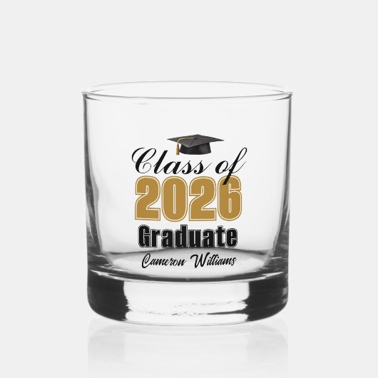 Personalized Gold Black Class of 2026 Graduation ウイスキーグラス (正面)