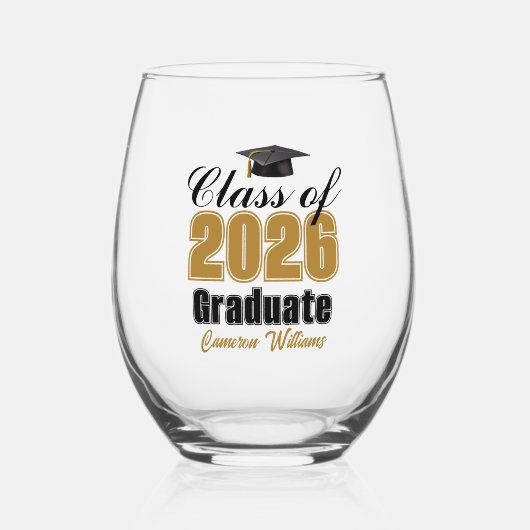 Personalized Gold Black Class of 2026 Graduation ステムなしワイングラス (正面)