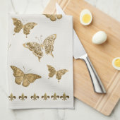 Personalized Gold Butterfly Fleur de Lis Matching キッチンタオル (四つ折り)