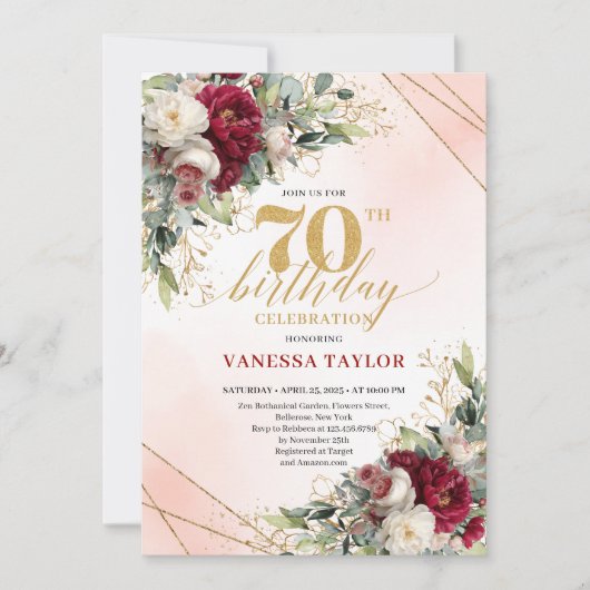 Personalized Gold Floral 70th Birthday Invitation 招待状 (正面)