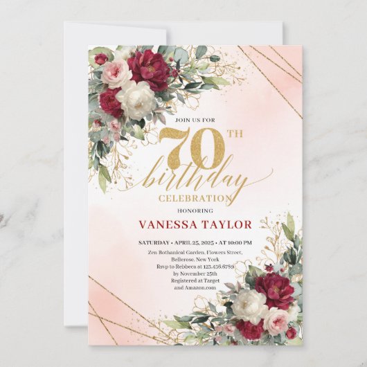 Personalized gold floral 70th birthday invite men 招待状 (正面)