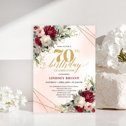Personalized gold floral 70th birthday invite men 招待状
