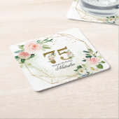 Personalized Gold & Floral 75th Custom スクエアペーパーコースター (アングル)