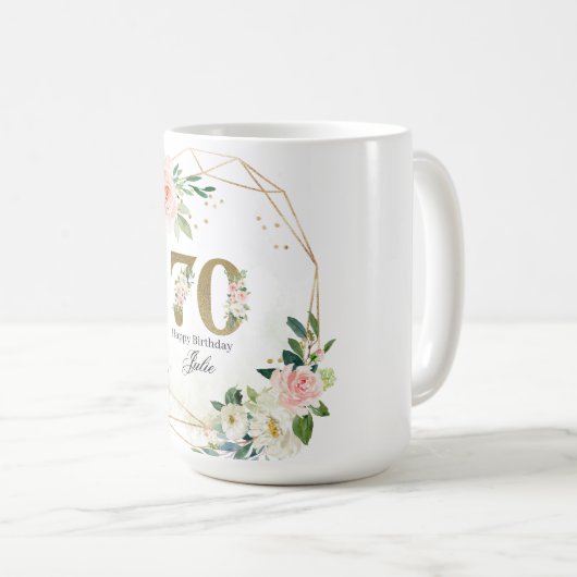 Personalized Gold & Floral Custom 70th  コーヒーマグカップ (正面右)