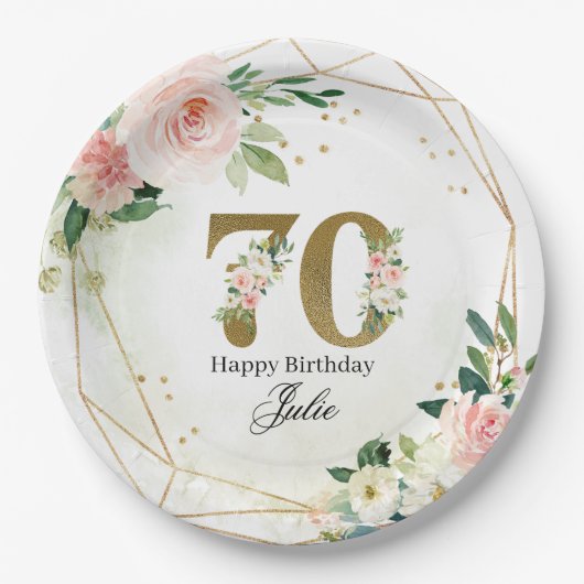 Personalized Gold & Floral Custom 70th  ペーパープレート (正面)