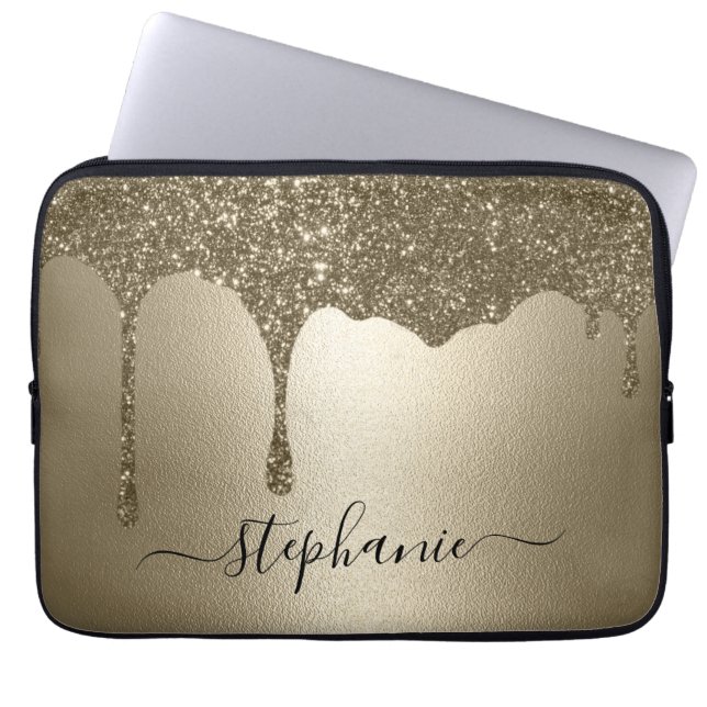 Personalized Gold Glitter Drip Laptop Sleeve ラップトップスリーブ (正面)
