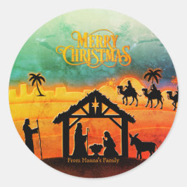 Personalized Gold Nativity "Merry Christmas" ラウンドシール