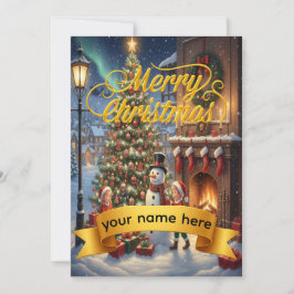 Personalized Gold Ribbon Winter  Christmas Card シーズンカード