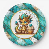 Personalized Gold Teal Dragon Boy's Birthday Party ペーパープレート (正面)