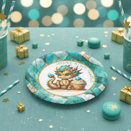 Personalized Gold Teal Dragon Boy's Birthday Party ペーパープレート