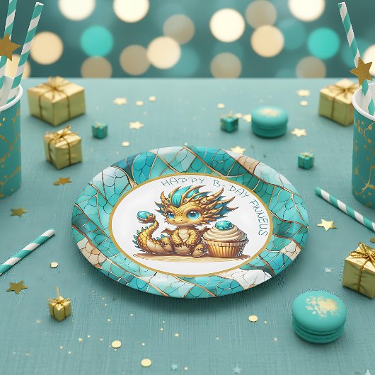 Personalized Gold Teal Dragon Boy's Birthday Party ペーパープレート