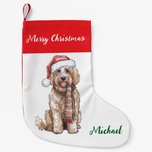 Personalized Goldendoodle Dog in Santa Hat  スモールクリスマスストッキング (正面)