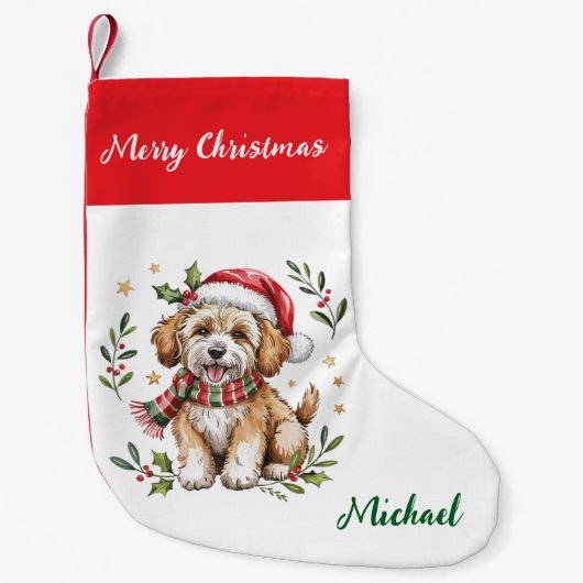 Personalized Goldendoodle Dog in Santa Hat  スモールクリスマスストッキング (正面)