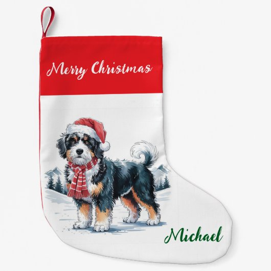 Personalized Goldendoodle Dog in Santa Hat スモールクリスマスストッキング (正面)