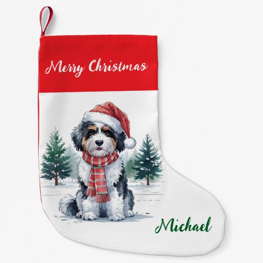 Personalized Goldendoodle Dog in Santa Hat  スモールクリスマスストッキング (正面)