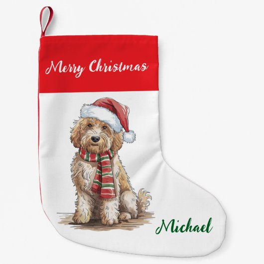 Personalized Goldendoodle Dog in Santa Hat  スモールクリスマスストッキング (正面)