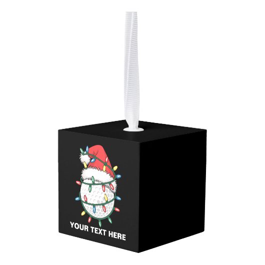 Personalized Golf Ball Santa Hat Christmas Lights キューブオーナメント (裏面アングル)