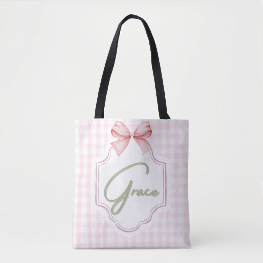 Personalized Grace Baby Girl Nursery Bow&Gingham トートバッグ (正面)