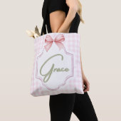 Personalized Grace Baby Girl Nursery Bow&Gingham トートバッグ (クローズアップ)