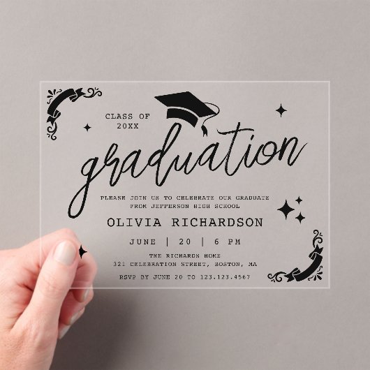 Personalized Graduation Elegant Script Stars & Cap アクリル招待状 (インサイチュ (ポータブル))