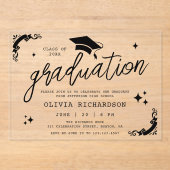 Personalized Graduation Elegant Script Stars & Cap アクリル招待状 (正面)