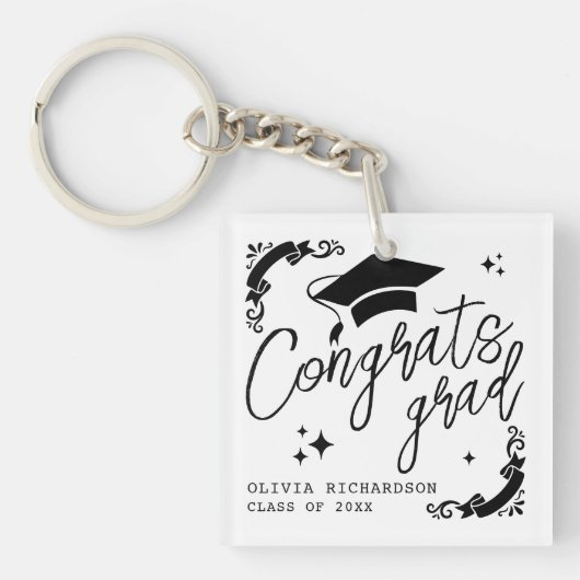 Personalized Graduation Elegant Script Stars & Cap キーホルダー (正面)