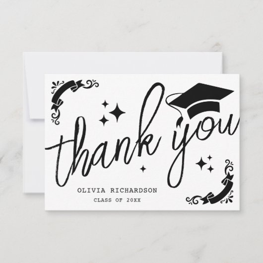 Personalized Graduation Elegant Script Stars & Cap サンキューカード (正面)