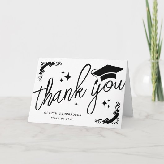 Personalized Graduation Elegant Script Stars & Cap サンキューカード (正面)
