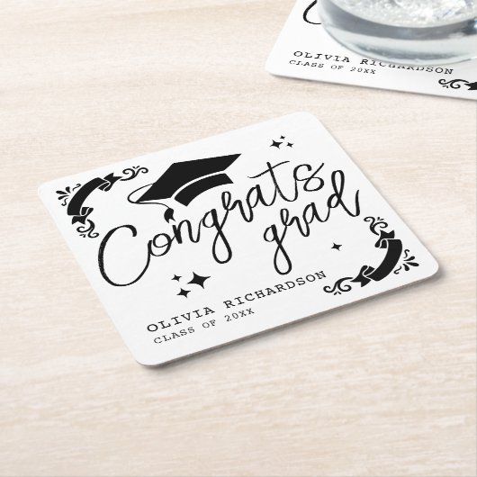 Personalized Graduation Elegant Script Stars & Cap スクエアペーパーコースター (アングル)