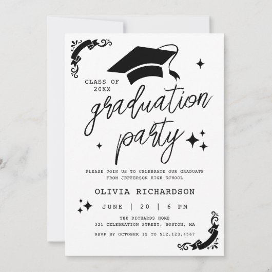Personalized Graduation Elegant Script Stars & Cap 招待状 (正面)