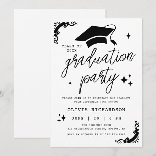 Personalized Graduation Elegant Script Stars & Cap 招待状 (正面/裏面)
