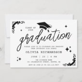 Personalized Graduation Elegant Script Stars & Cap 招待状 (正面)