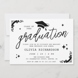 Personalized Graduation Elegant Script Stars & Cap 招待状