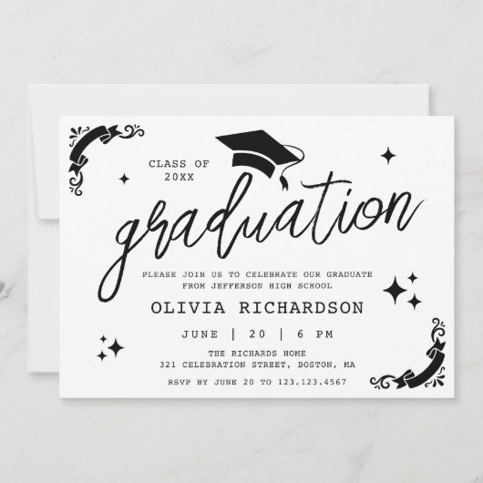 Personalized Graduation Elegant Script Stars & Cap 招待状 (正面)