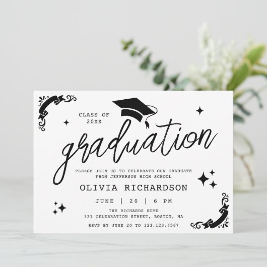Personalized Graduation Elegant Script Stars & Cap 招待状 (スタンド正面)
