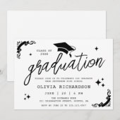Personalized Graduation Elegant Script Stars & Cap 招待状 (正面/裏面)