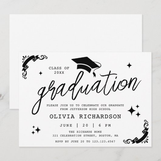 Personalized Graduation Elegant Script Stars & Cap 招待状 (正面/裏面)