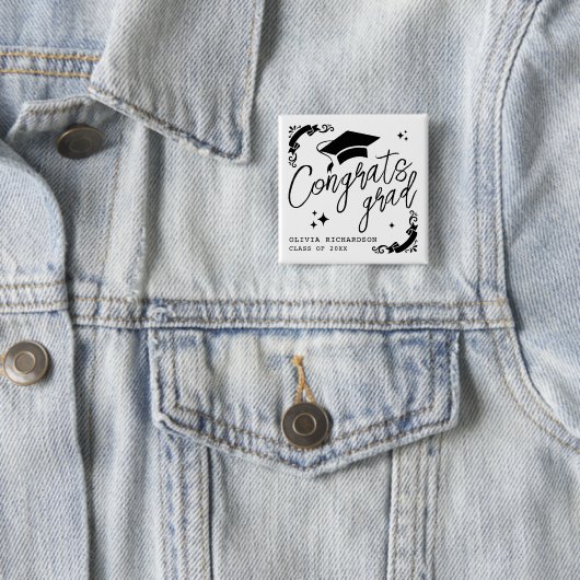 Personalized Graduation Elegant Script Stars & Cap 缶バッジ (インサイチュ)