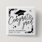 Personalized Graduation Elegant Script Stars & Cap 缶バッジ (正面)