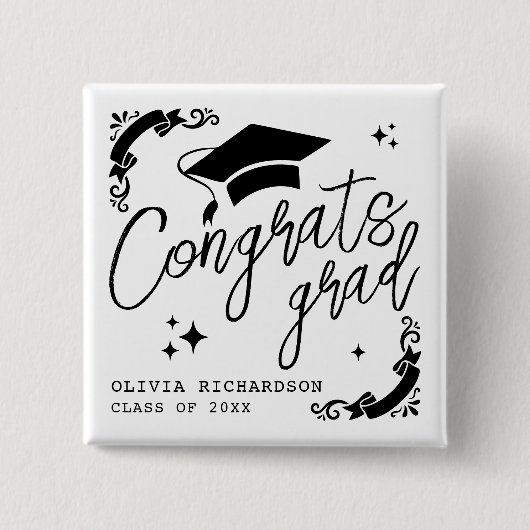 Personalized Graduation Elegant Script Stars & Cap 缶バッジ (正面)