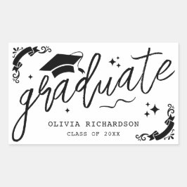 Personalized Graduation Elegant Script Stars & Cap 長方形シール
