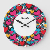 Personalized Graffiti Hearts Colorful Wall Clock ラージ壁時計 (正面)