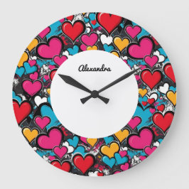 Personalized Graffiti Hearts Colorful Wall Clock ラージ壁時計